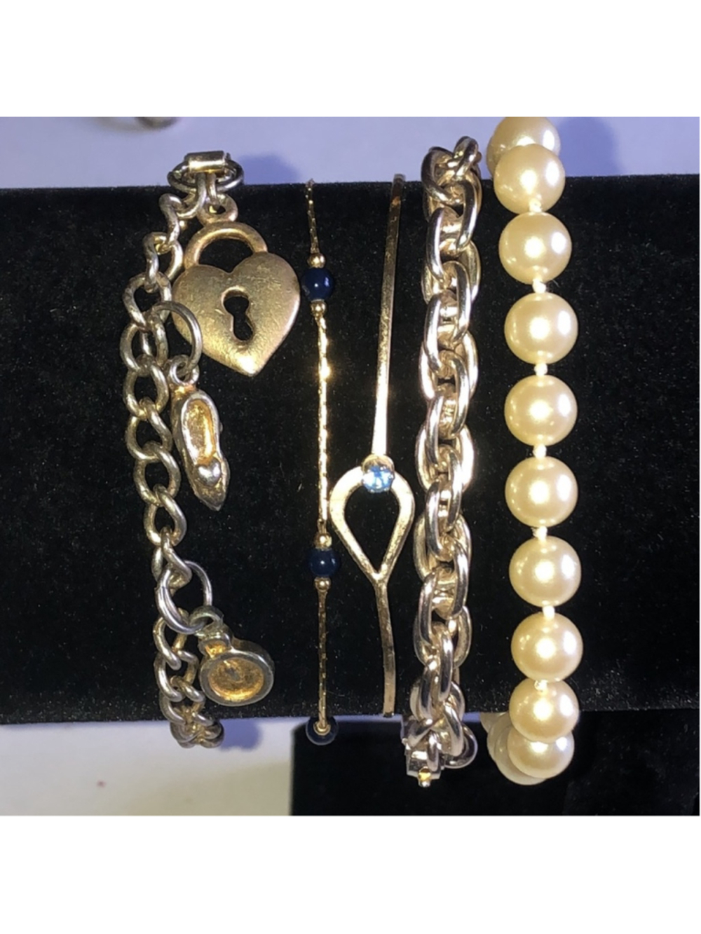 Gold Tone Heart Lock & Faux Pearl Avon Monet Bracelet Set